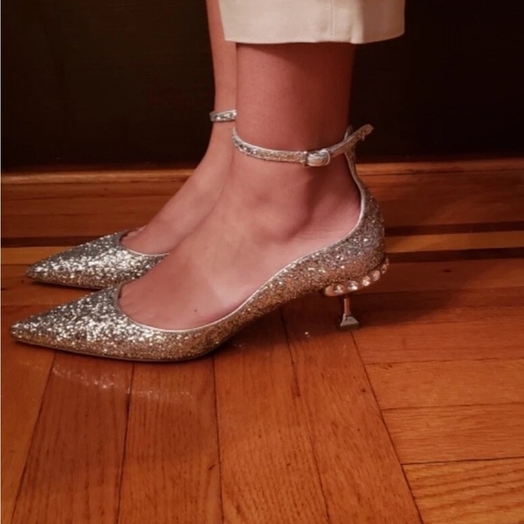 MIU MIU Silver Glitter Crystal Studded Kitten Heels Pumps Ankle Strap 40 10 RARE - Picture 1 of 8